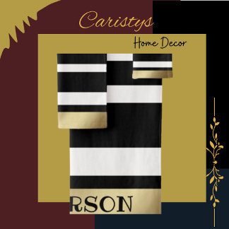 Classic Stripes Black, White, Gold Personalised Bath Towel Set