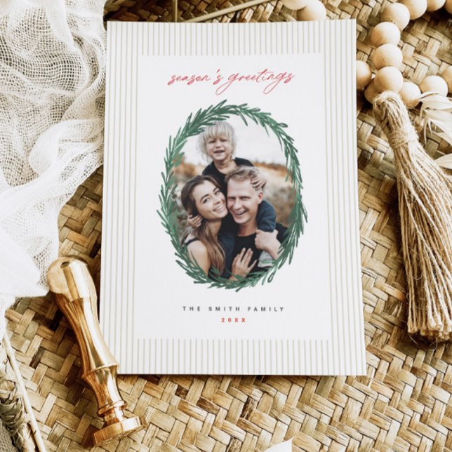 Classic Stripes Christmas Holiday Wreath Flat Card (Creator Uploaded)