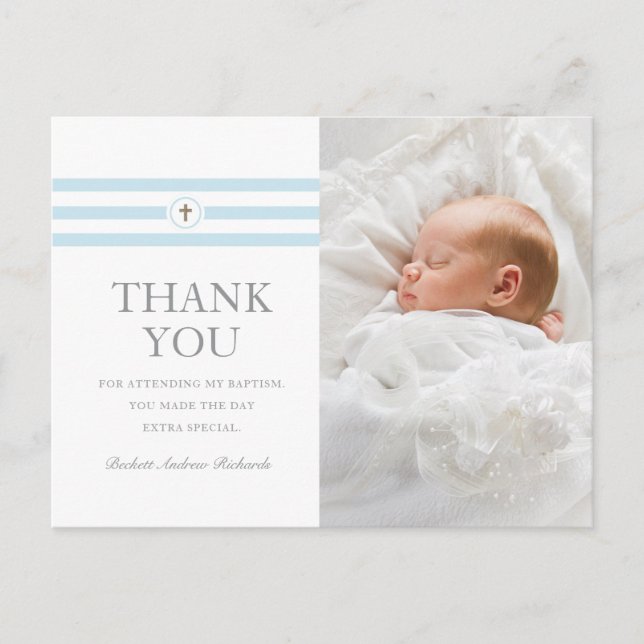 Classic Stripes Gold Cross Photo Baptism Thank You Invitation Postcard (Front)