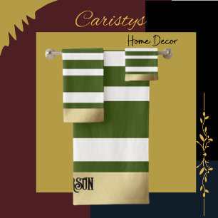 Classic Stripes, Olive, White, Gold  Personalised Bath Towel Set