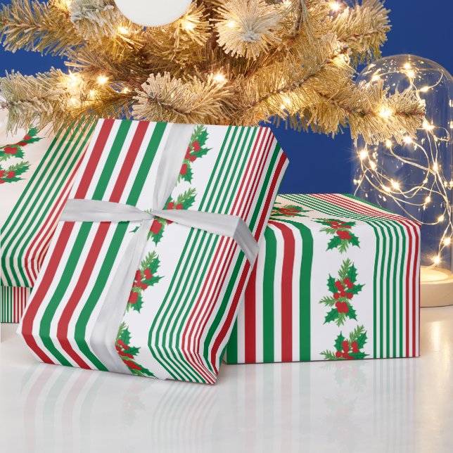 Classic Stripes with Holly Wrapping Paper (Holidays)