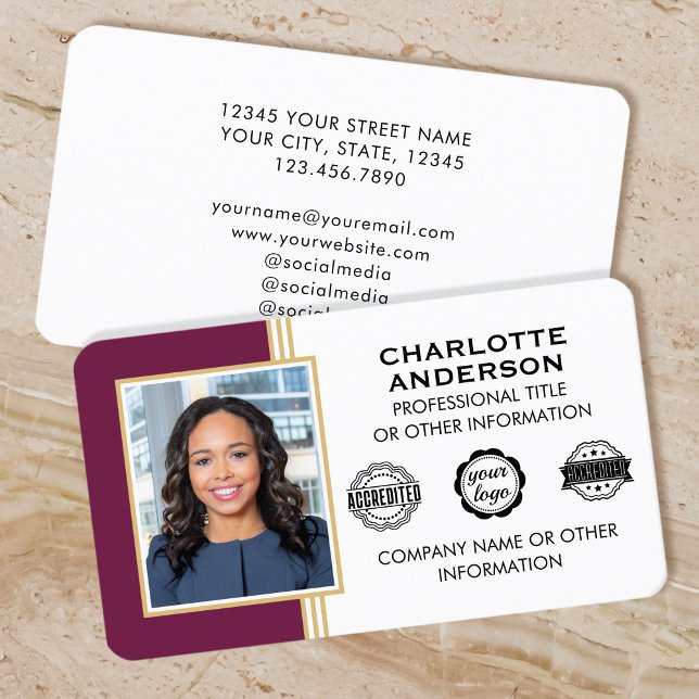 Classic Style Custom ID Photo Plum Gold Business Card (Creator Uploaded)