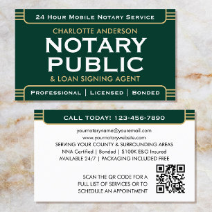 Classic Style Mobile Notary Public ID Green Gold Business Card