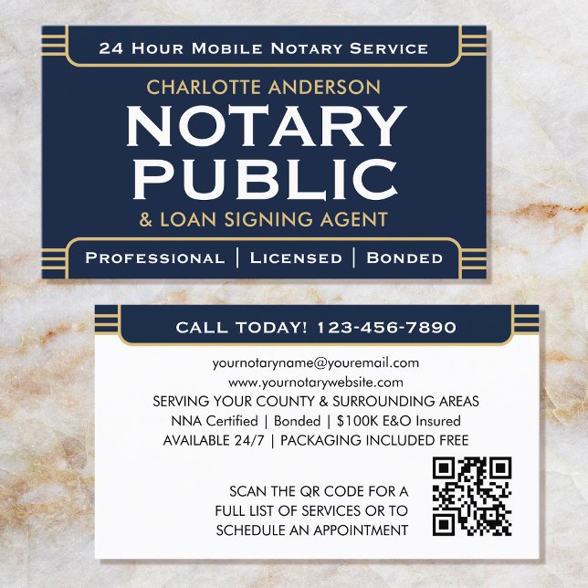 Classic Style Mobile Notary Public ID Navy Gold Business Card (Creator Uploaded)