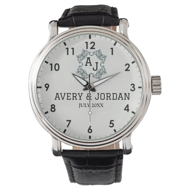 Classic style monograms with names and initials  watch (Front)