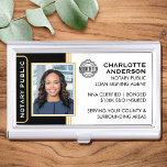 Classic Style Notary Public ID Black Gold Business Business Card Holder<br><div class="desc">Create a professional look with this classic Notary Public Business Card Case. This stylish template is personalised with your ID photo, name, details, and accreditation logo. Perfect for a Notary Public, Loan Signing Agent, Certified Notary Trust Delivery Agent, CNTDA, Mobile Notary, Apostille or other legal profession. Printed colours: black, white...</div>