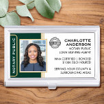 Classic Style Notary Public ID Green Gold Business Business Card Holder<br><div class="desc">Create a professional look with this classic Notary Public Business Card Case. This stylish template is personalised with your ID photo, name, details, and accreditation logo. Perfect for a Notary Public, Loan Signing Agent, Certified Notary Trust Delivery Agent, CNTDA, Mobile Notary, Apostille or other legal profession. Printed colours: very dark...</div>