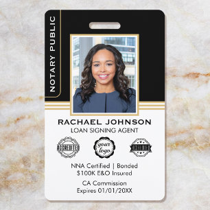 Classic Style Notary Signing Agent ID Black Gold Badge