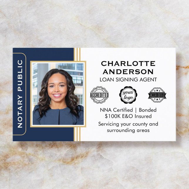 Classic Style Notary Signing Agent ID Blue Gold Business Card (Creator Uploaded)
