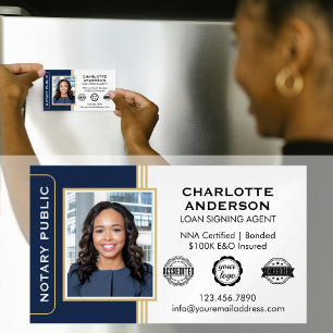 Classic Style Notary Signing Agent ID Blue Gold Magnetic Business Card
