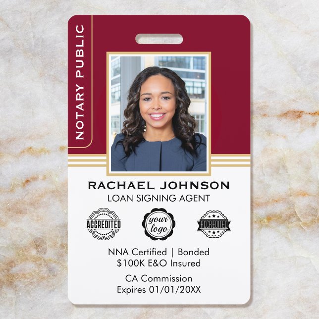 Classic Style Notary Signing Agent ID Burgundy ID Badge (Creator Uploaded)