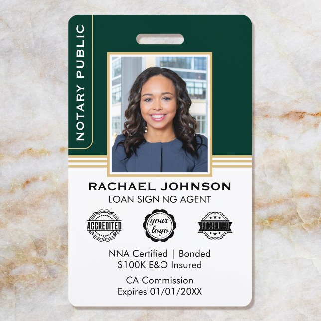 Classic Style Notary Signing Agent ID Green Gold Badge (Creator Uploaded)