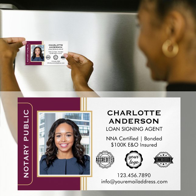 Classic Style Notary Signing Agent ID Plum Gold Magnetic Business Card (Creator Uploaded)