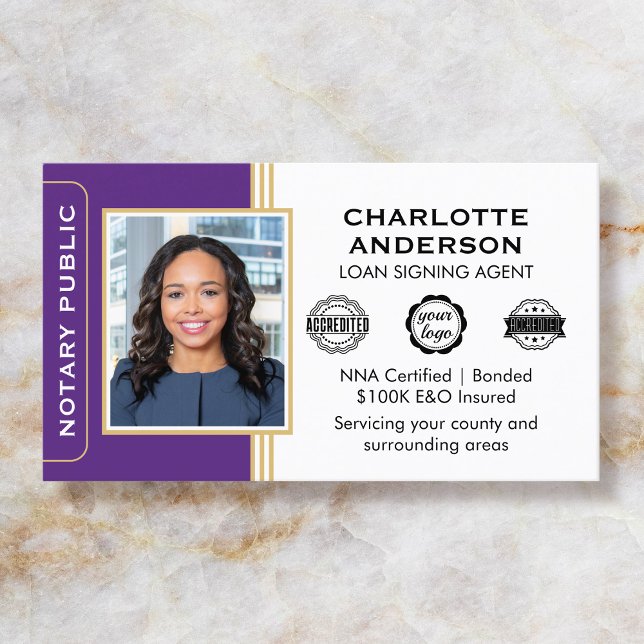 Classic Style Notary Signing Agent ID Purple Gold Business Card (Creator Uploaded)
