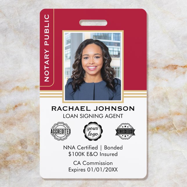Classic Style Notary Signing Agent ID Red Gold ID Badge (Creator Uploaded)