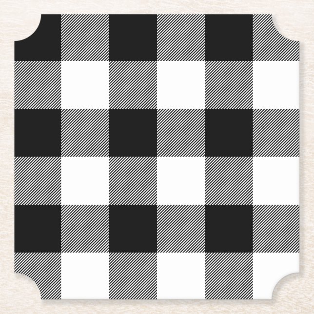 Classic Style White and Black Buffalo Plaid Paper Coaster (Front)