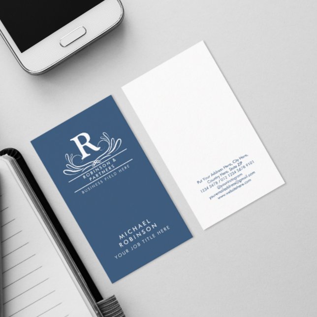 Classic Swirl Ornament Initial on Rustic Blue Business Card (Creator Uploaded)