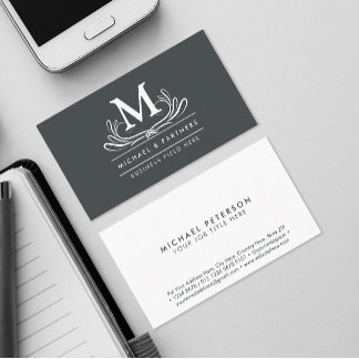 Classic Swirl Ornament Initial on Rustic Grey Business Card