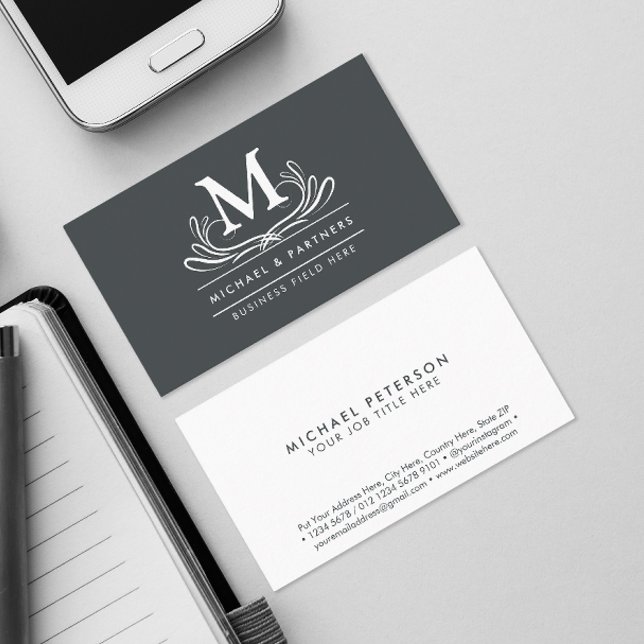 Classic Swirl Ornament Initial on Rustic Grey Business Card (Creator Uploaded)