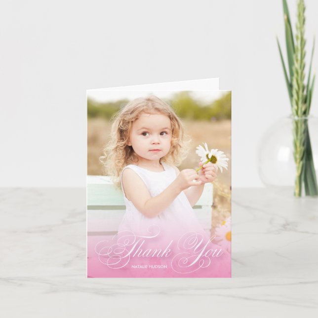Classic Swirly Script Pink With Photo | Thank You Card (Front)