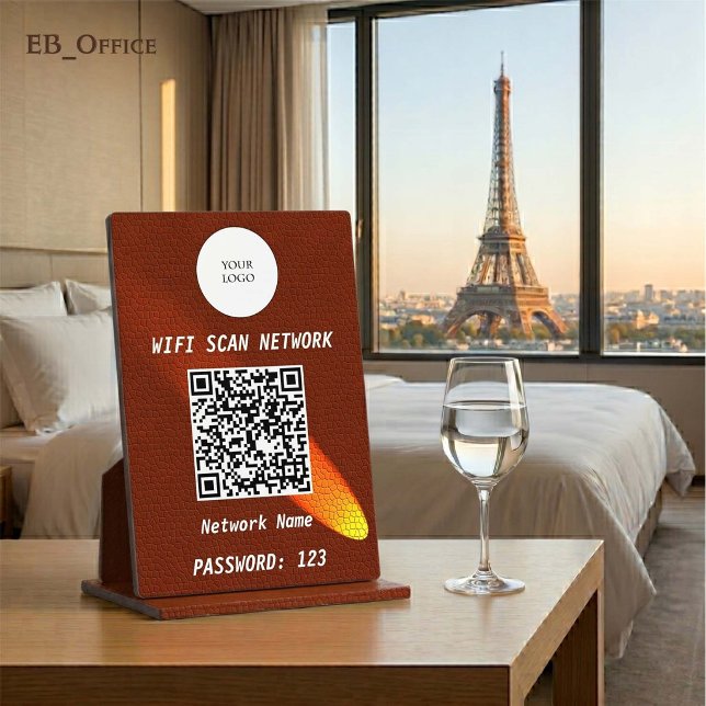 Classic Tan Brown Leather Spotlight QR Code Wifi  Plaque (Luxury QR Code Wi-fi Tabletop Sign
& Logo
•	Brown Leather pattern
•	5” x 7”
)