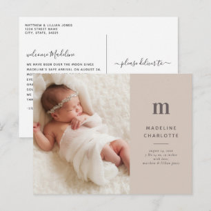 Classic Tan Modern 1-Photo Birth Announcement Postcard