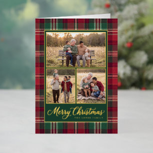 Classic Tartan Frame Merry Christmas Photo Collage Foil Holiday Card