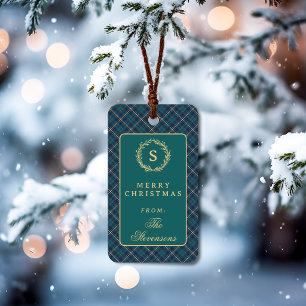 Classic Tartan Plaid Monogram Dark Green Christmas Gift Tags