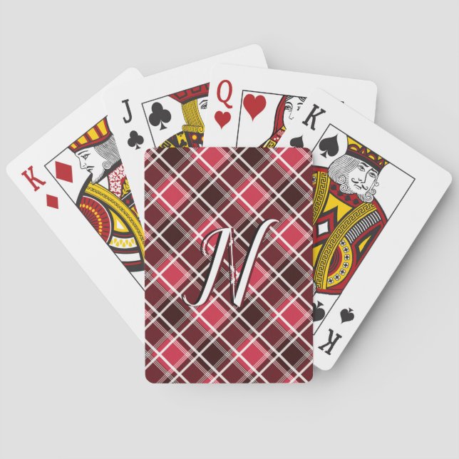 Classic Tartan Plaid Red Black Monogram Custom Playing Cards (Back)