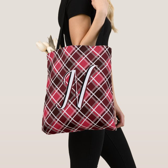 Classic Tartan Plaid Red Black Monogram Custom Tote Bag (Close Up)