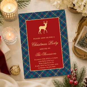 Classic Tartan Plaid Reindeer Red Christmas Party Invitation