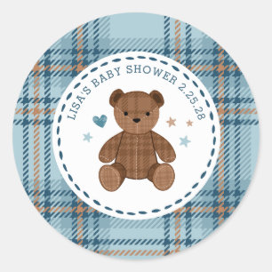 Classic Tartan Plaid Teddy Bear, Baby Boy Shower  Round Sticker