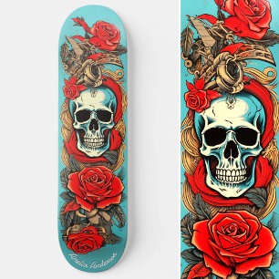 Classic Tattoo Art Skull Rose Nautical Elements  Skateboard