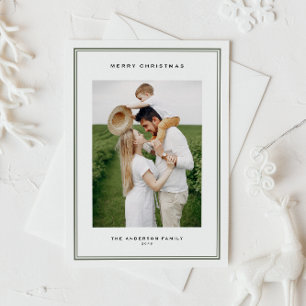 Classic Taupe Green Double Border Photo Christmas Holiday Postcard