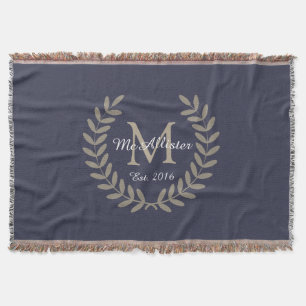 Classic Taupe Laurels Monogram + Family Name Throw Blanket
