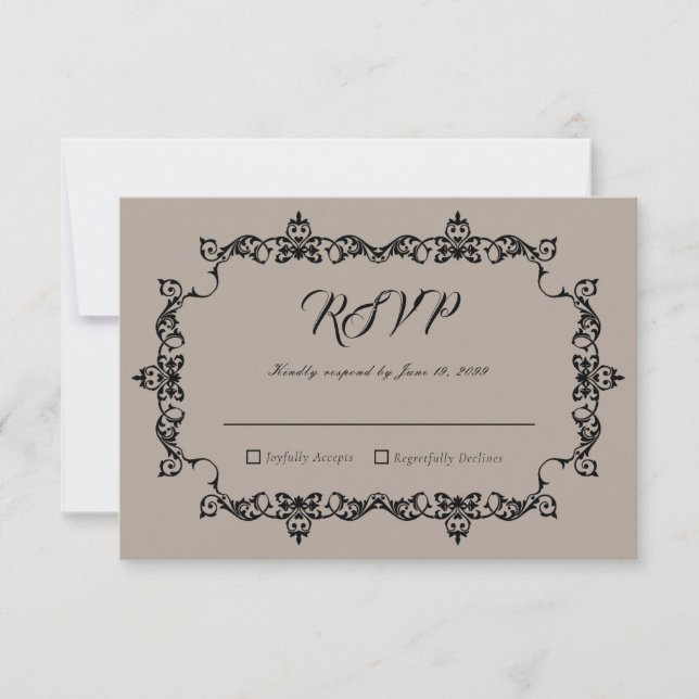 Classic Taupe Linen Brown Ornately Framed Wedding RSVP Card (Front)