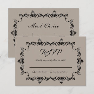 Classic Taupe Linen Brown Ornately Framed Wedding RSVP Card