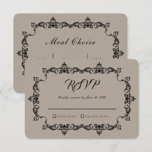 Classic Taupe Linen Brown Ornately Framed Wedding RSVP Card