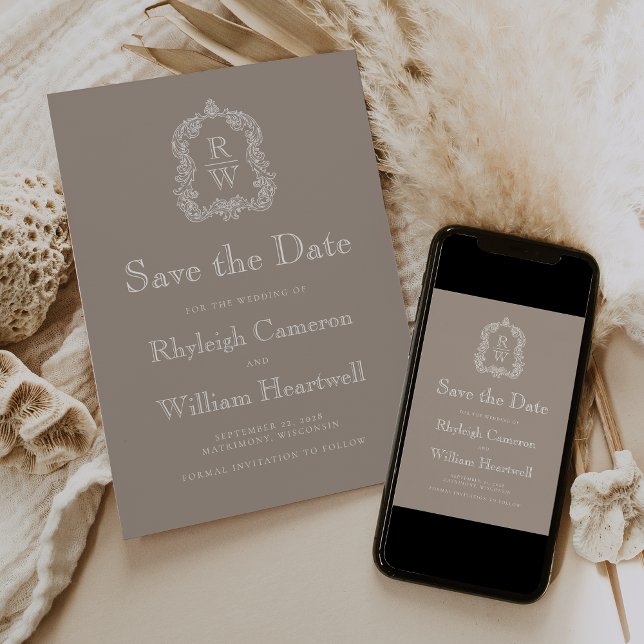 Classic Taupe Monogram Crest Script Save The Date (Creator Uploaded)