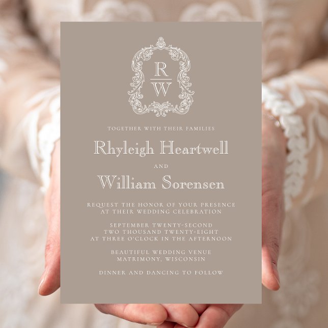 Classic Taupe Monogram Crest Wedding Invitation (Creator Uploaded)