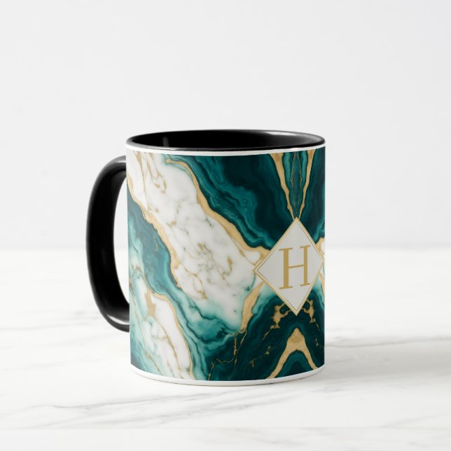 Classic Teal and Gold Marble Letter H Mug (Front Left)
