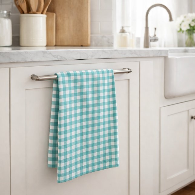 Classic Teal and White Gingham Pattern Farmhouse Tea Towel (A kitchen towel featuring a gingham plaid pattern done in teal and white.)