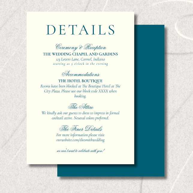 Classic Teal Blue Minimalist Wedding Details Enclosure Card (Classic Teal Blue Minimalist Wedding Details Enclosure Card)