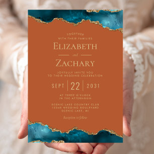 Classic Teal Gold Agate Burnt Orange Wedding Invitation