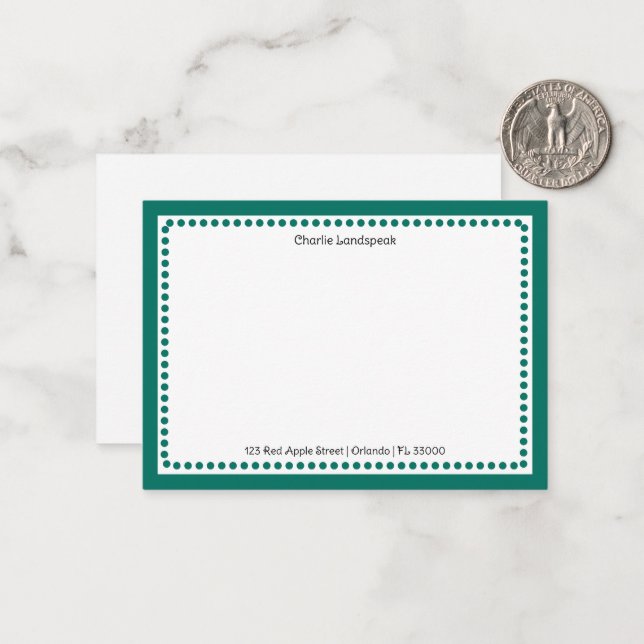 Classic Teal Green Border & Dots Monogrammed Card (Front/Back In Situ)