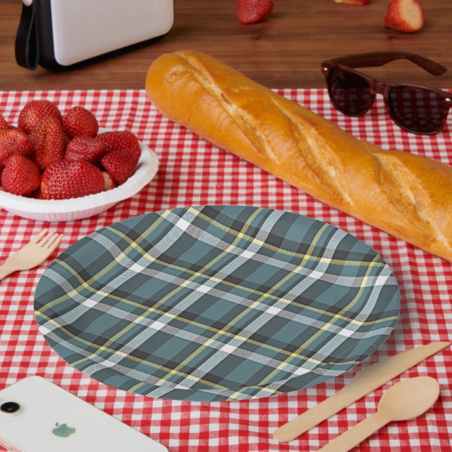 Classic Teal Grey Blue Yellow Tartan Plaid Stripes Paper Plate (Picnic)