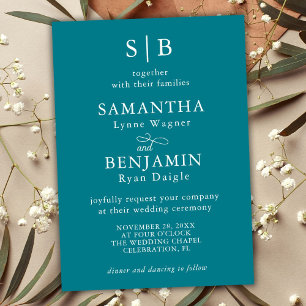 Classic Teal Monogram Initials Wedding Invitation