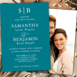 Classic Teal Monogram Photo Wedding Invitation
