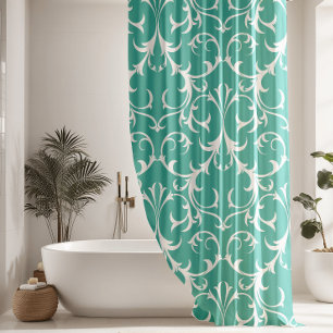 Classic Teal & White Damask Floral Shower Curtain