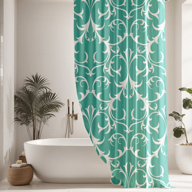 Classic Teal & White Damask Floral Shower Curtain (Creator Uploaded)